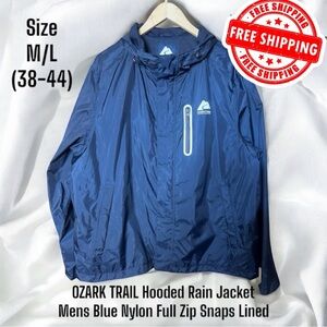 OZARK TRAIL Hooded Rain Jacket Mens M/L (38-44) Blue Nylon Full Zip Snaps Lined